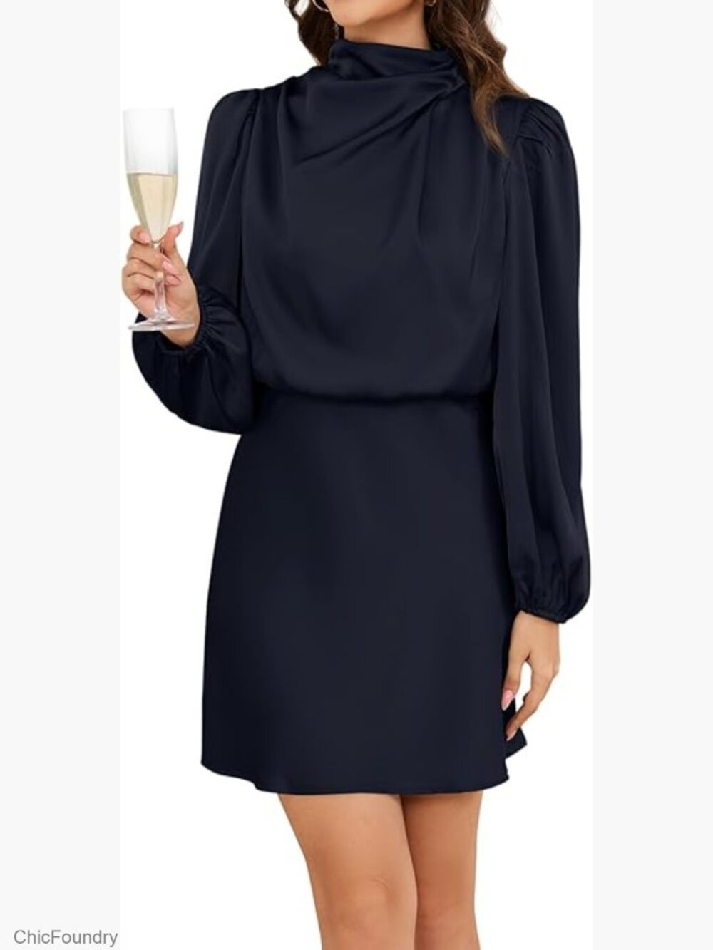 Long Sleeve Satin Mini Dress Mock Neck Elegant Wedding Guest Party Dress
